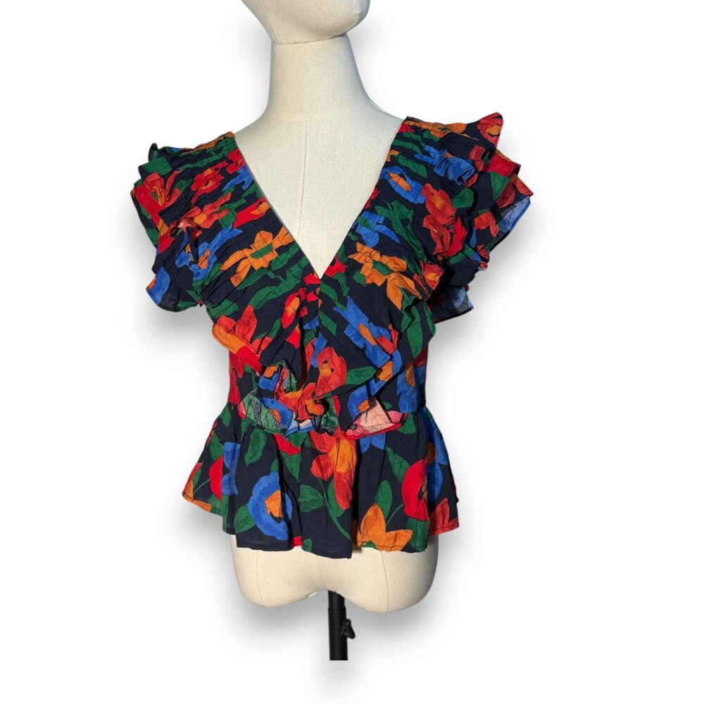 Entro | Bright Vivid Low Cut V-Neck Fiesta Rio Style Floral Top | Sz M